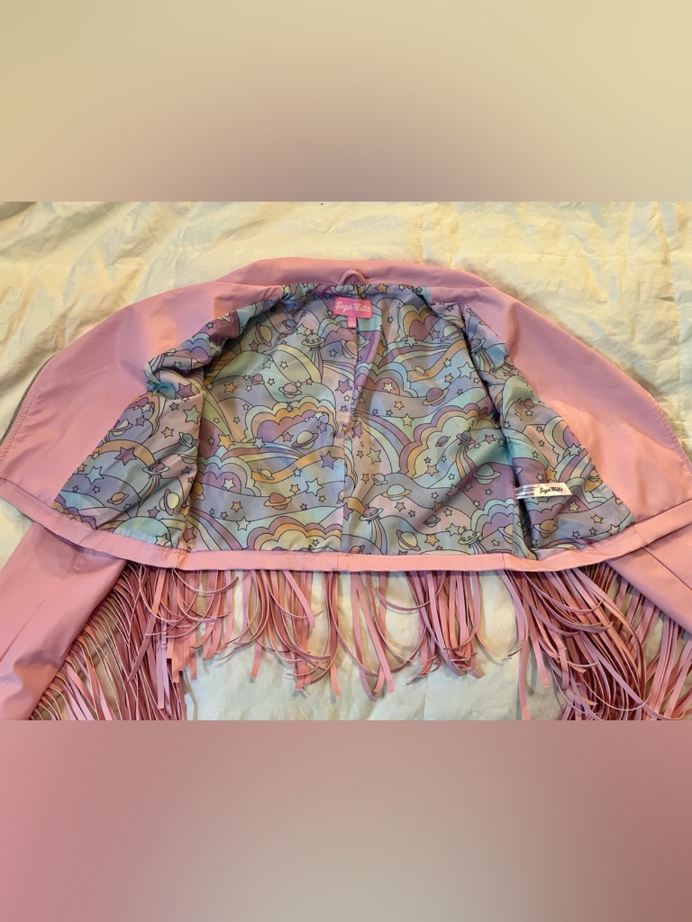 Dolls Kill Pink Cropped Fringe Faux Leather Moto Jacket - Picture 4 of 9